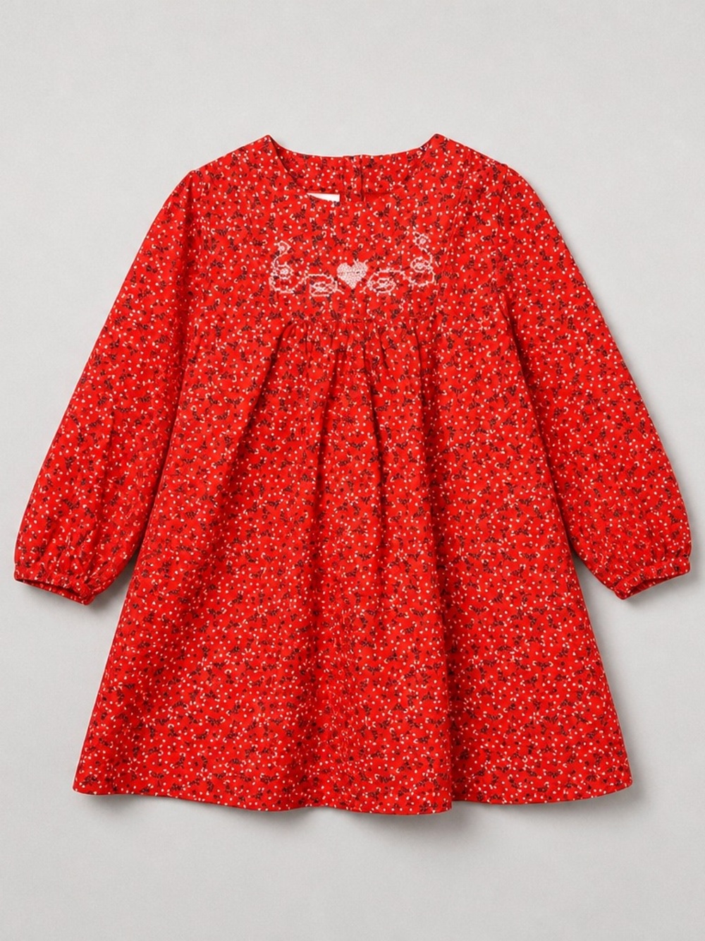 Polarn O Pyret Red cotton long sleeve dress with cross stitch heart details